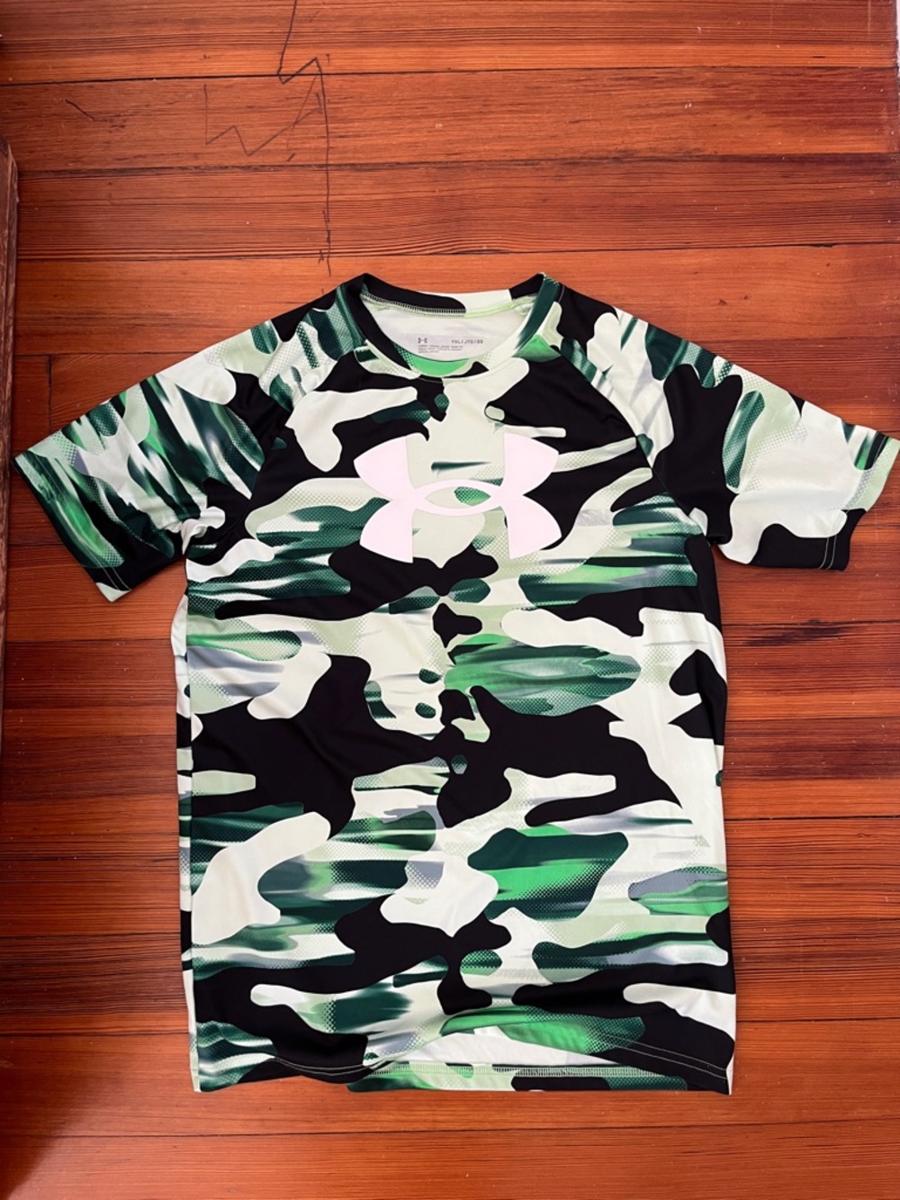 Under Armour Green & Black Camo Short Sleeve Tee with Pink Logo
